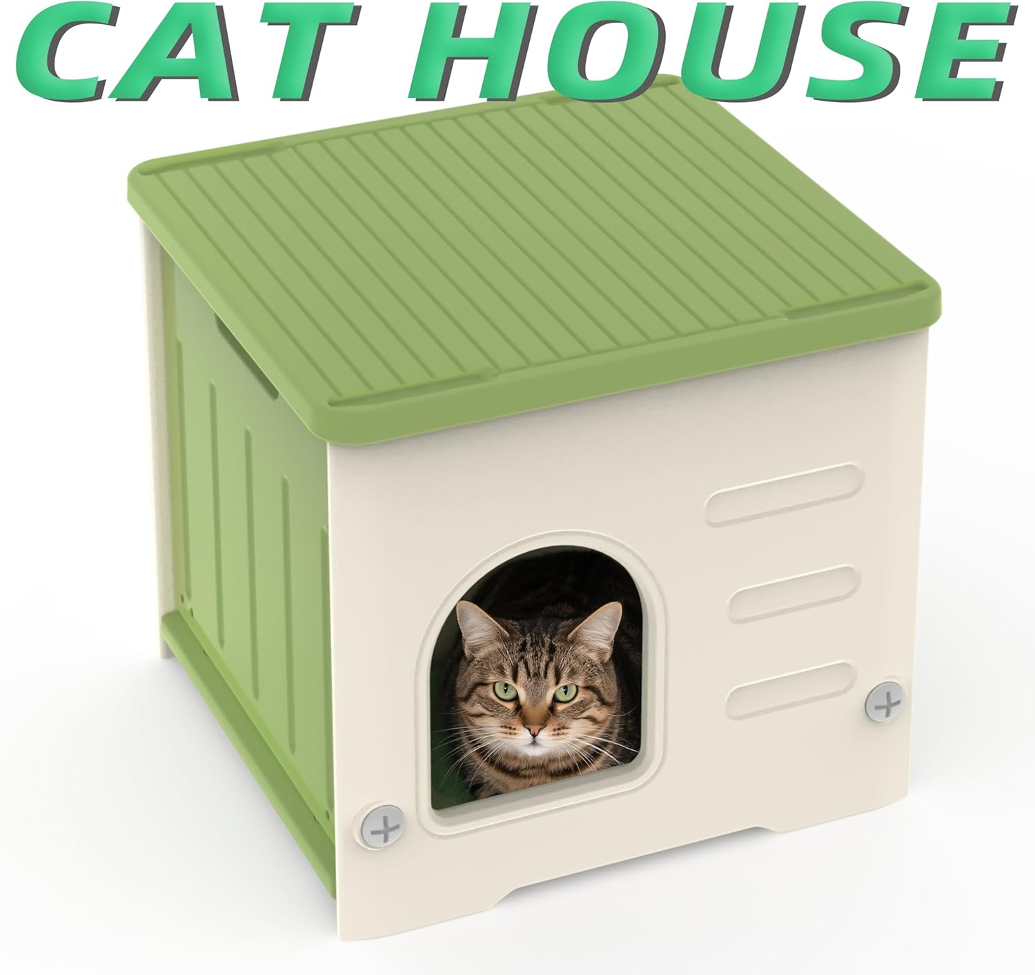 Plastic Cat House for Outdoor Indoor Use, Stackable Feral Cat Shelter Indoor Cat House Weatherproof Waterproof Elevated (Green)