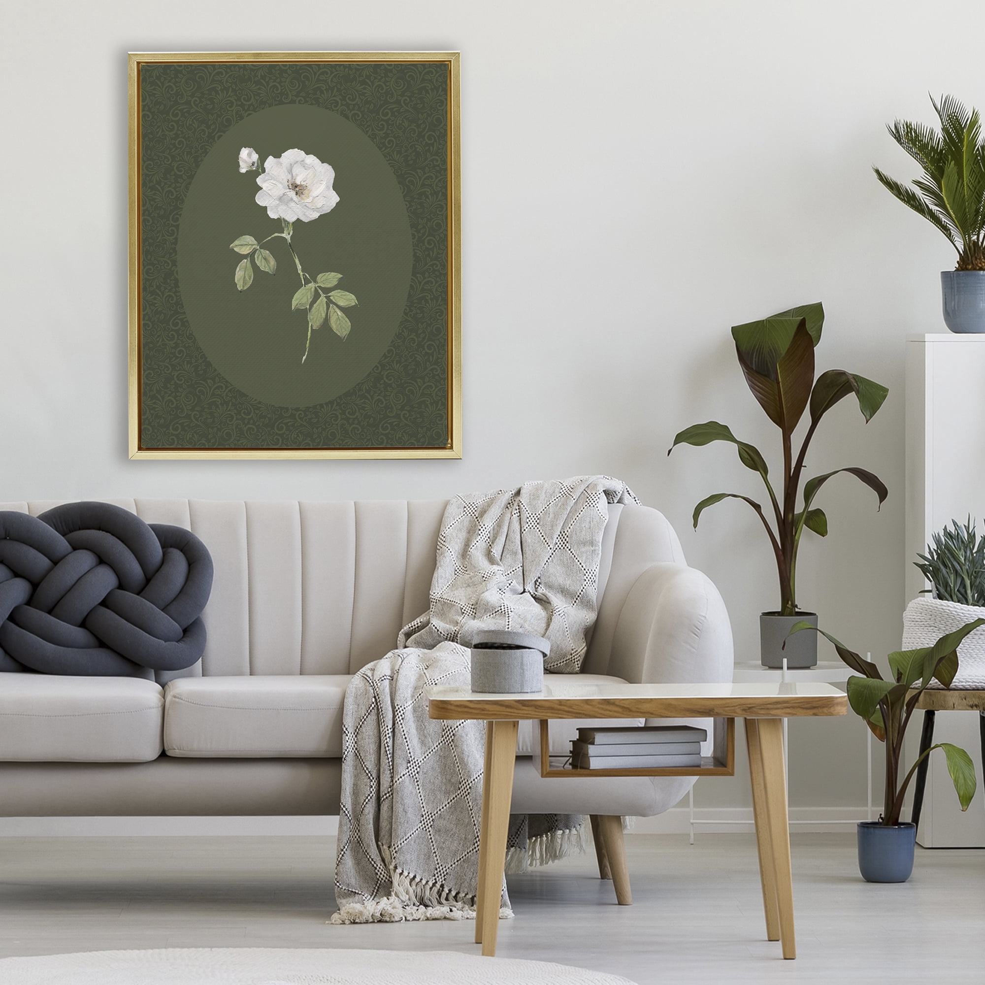 Stupell Industries White Rose on Emerald Gold Framed Floater Canvas Wall Art, design by Sally Swatland