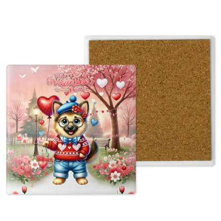 Happy Valentine’s Day Adorable German Shepherd Puppy Holding Heart Balloon Set of 4 Stone Coasters Alsatian Dog Lover Gifts 4x4in Absorbent Soapstone Coaster - 00030
