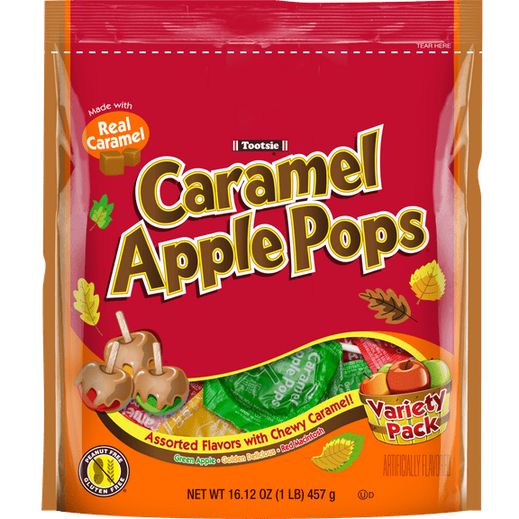Tootsie, Caramel Apple Lollipops, Variety Apple Flavored, 16.12oz. Gluten & Peanut-Free, Contains Milk & Soy.