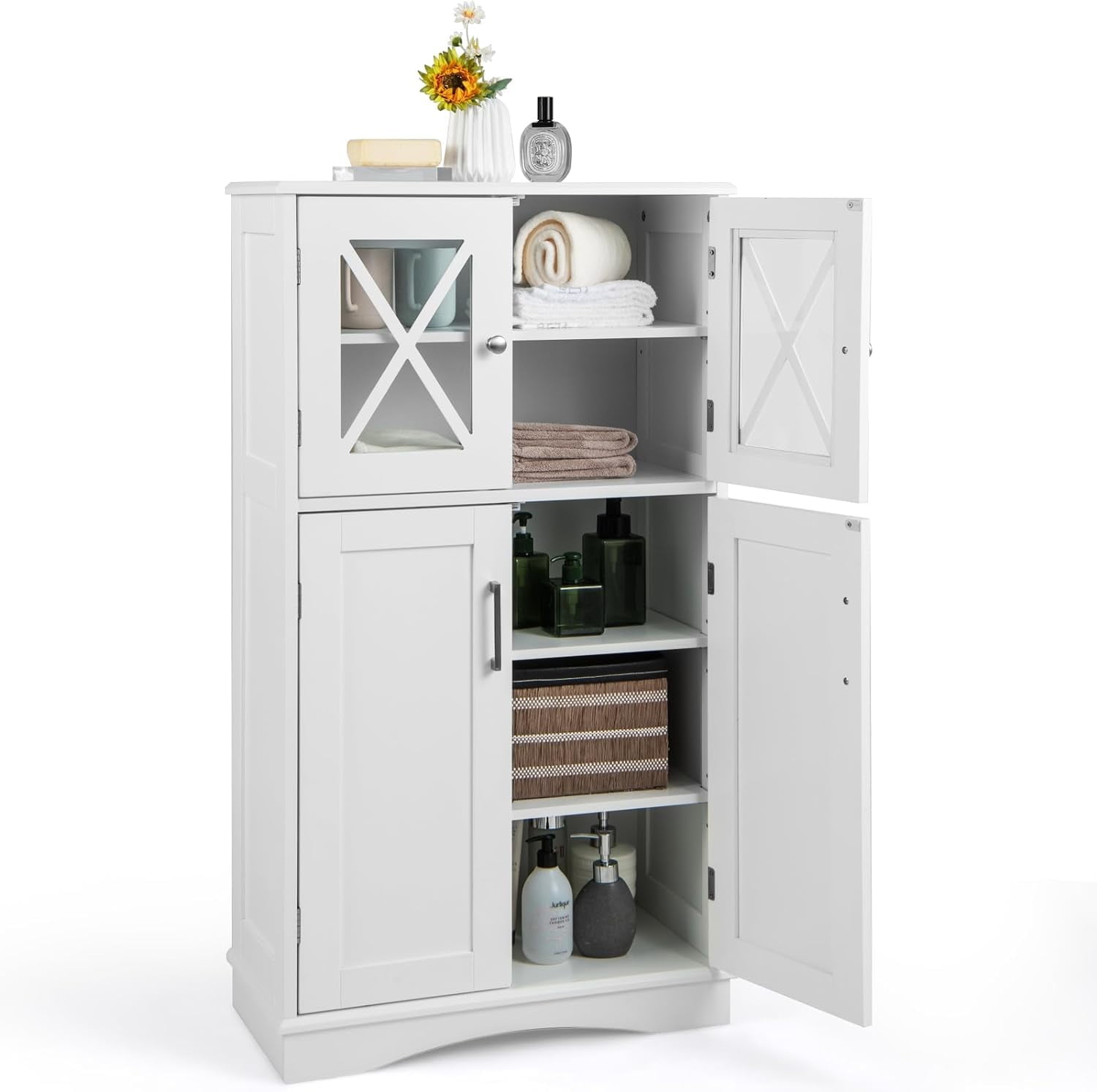 Bathroom Floor Storage Cabinet - Linen Floor Cabinet with Doors and Adjustable Shelves, Freestanding Side Storage Organizer for Bathroom, Living Room, Entryway, Kitchen Storage Unit (Grey)
