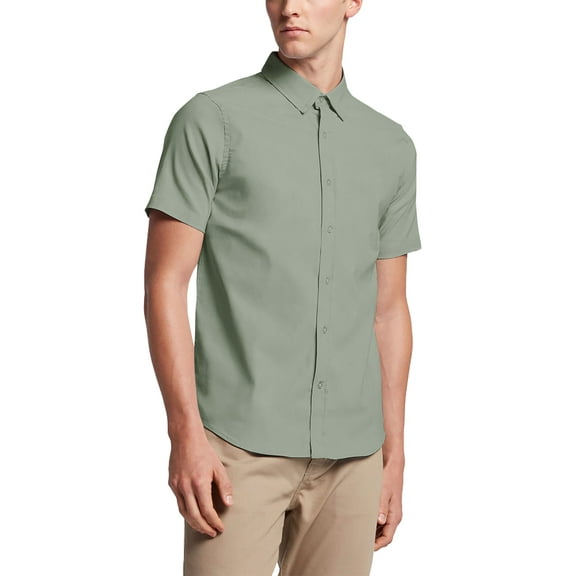 Mens Short Sleeve Slim Fit Collared Solid Stretch Premium Button Down Dress Shirts