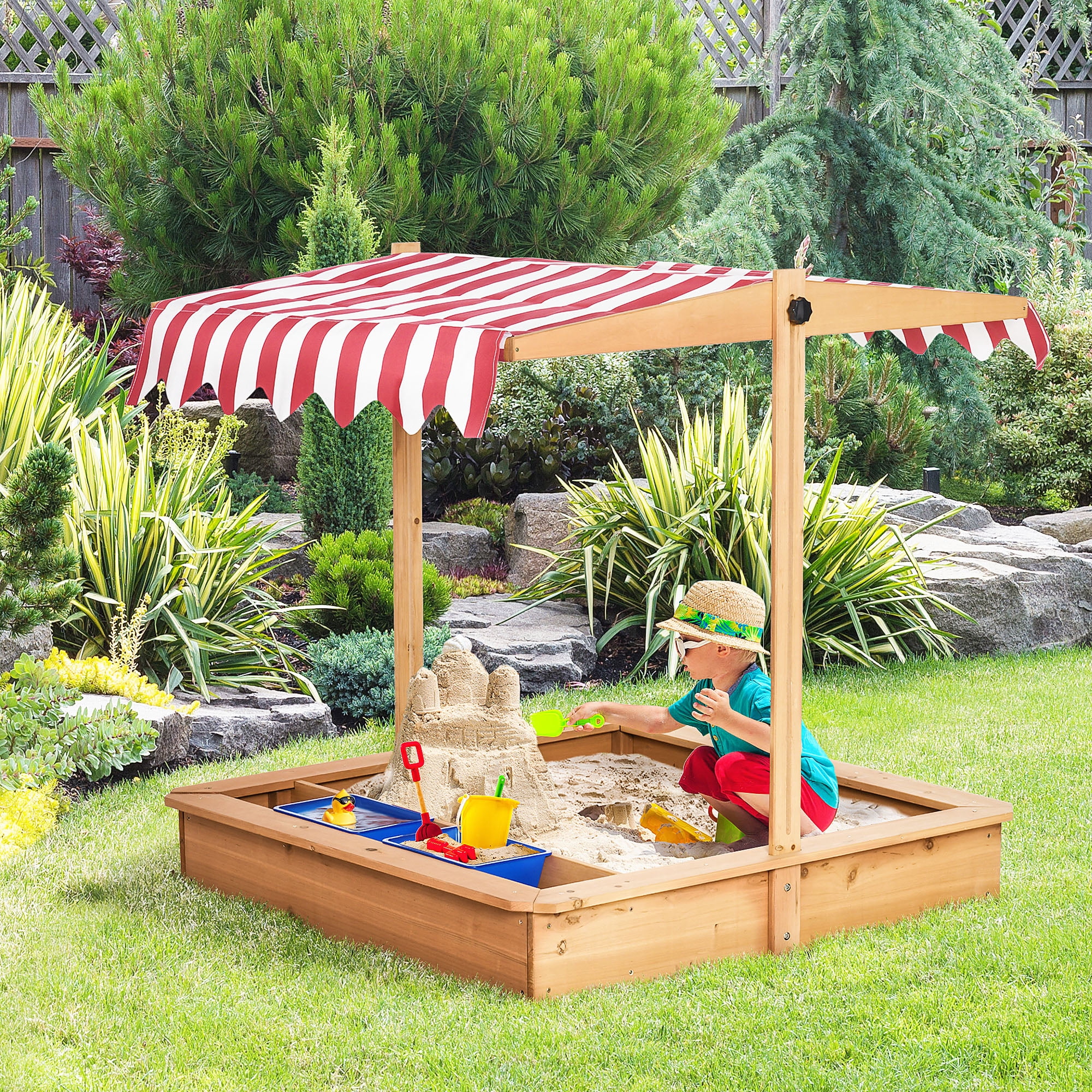 Kids Wooden Sandbox with Adjustable Height Canopy Cover, Built-in Seats & Storage Bins, Outdoor Sand Play Station with Bottom Liner & Plastic Basins for Backyard Beach Lawn