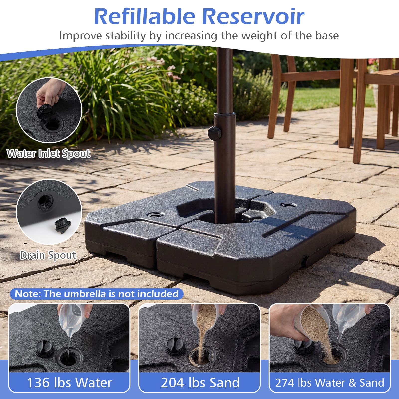 Patiojoy 2-Piece Heavy Duty Cantilever Umbrella Base 35" Square Patio Offset Umbrella Stand with 274 Lbs Water & Sand Filled Weight