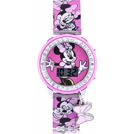 Disney Minnie Child LCD Watch with Printed Silicone Strap with Hanging Bow Charm & Light-Up Dial (MN4404WM)