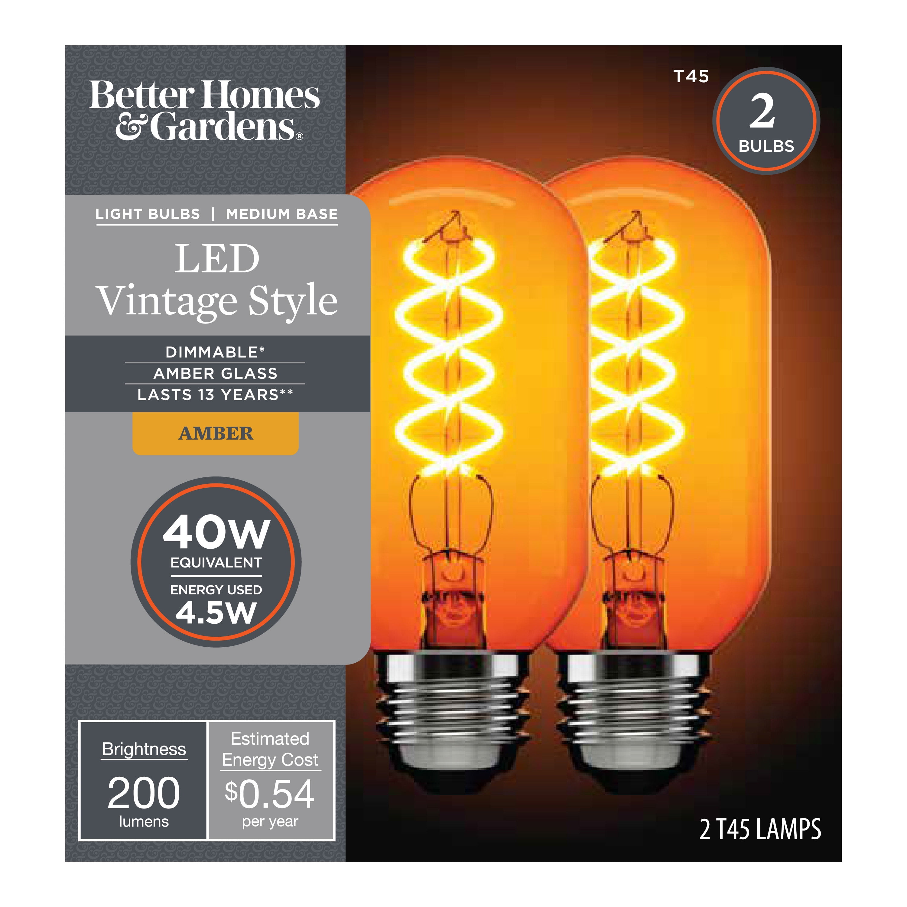 (4 pack) Better Homes & Gardens LED Vintage Light Bulb, T45 40 Watts Amber Spiral Filament, E26, Dim 2 Pack