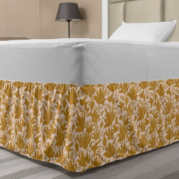 Magnolia Bed Skirt, Stencil Print Pattern of Birds and Flowers on Wooden Background, Elastic Bedskirt Dust Ruffle Wrap Around for Bedding Decor, 4 Sizes, Pale Coffee Pale Pink, by Ambesonne