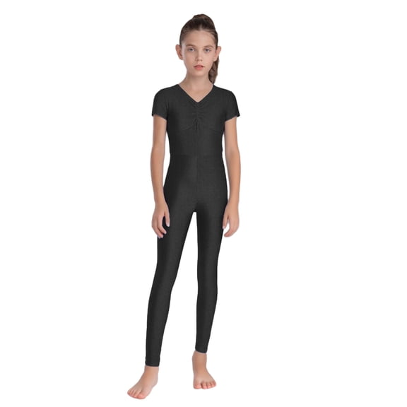 Hansber Kids Girls Short Sleeve Dance Unitard Gymnastics Leotard Acrobatics Performance Bodysuit Black 6