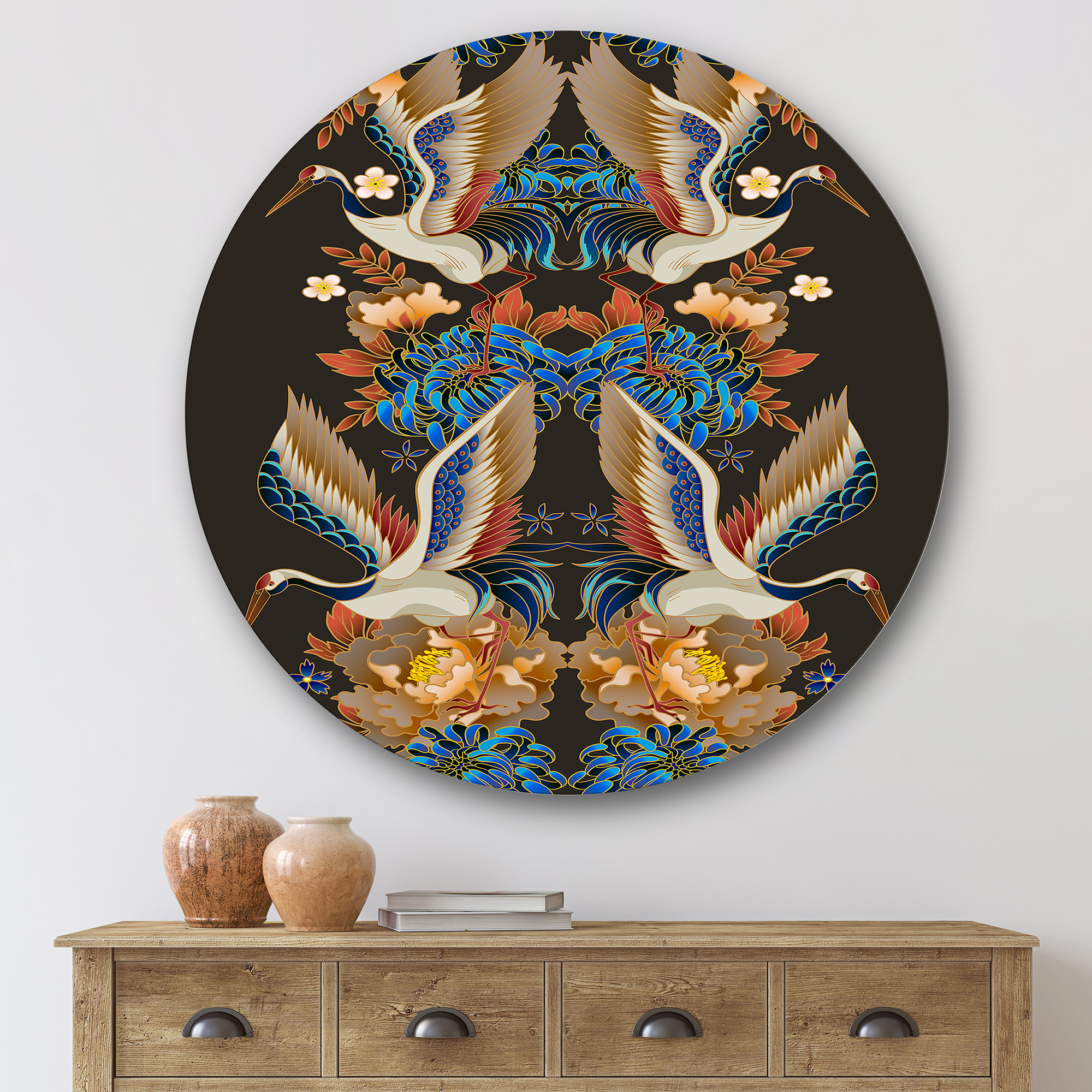 Designart 'Chinoiserie With Peonies and Birds IX' Traditional Circle Metal Wall Art 36x36 - Disc of 36
