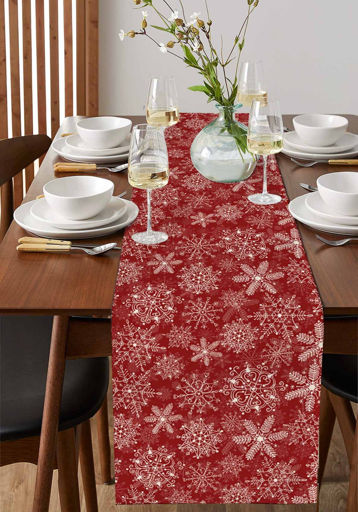 Red Snowflake Christmas Burlap-Cotton Table Runner 90 Inches Long,Xmas Snowflake Vintage Farmhouse Table Runners,Outdoor Dining Tablecloths Decor for Baby Shower Party Wedding 13x90