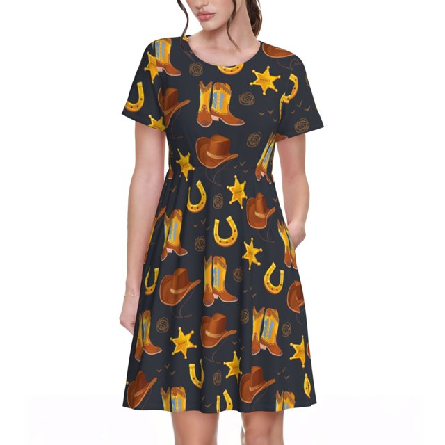 Disketp Wild West Golden Horseshoe para Vestido de Manga Corta para Mujeres, Vestidos de Verano para Mujeres, Casual y Holgado para la Playa