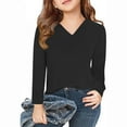 thumbnail image 2 of Fesfesfes Girls Summer Long Sleeve Tops Solid Print Holiday Party Tees Elegant Tunic Shirts Casual Dressy V Neck Loose Fits Blouse(Black,7 Years), 2 of 5
