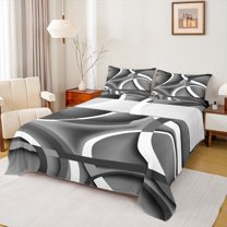 Manfei Retro Striped Pattern Queen Sheet Sets,Modern Abstract Geometric Flat Sheet,Gray White Queen Fitted Sheet For Teens,Luxury Bedroom Decor,4pcs