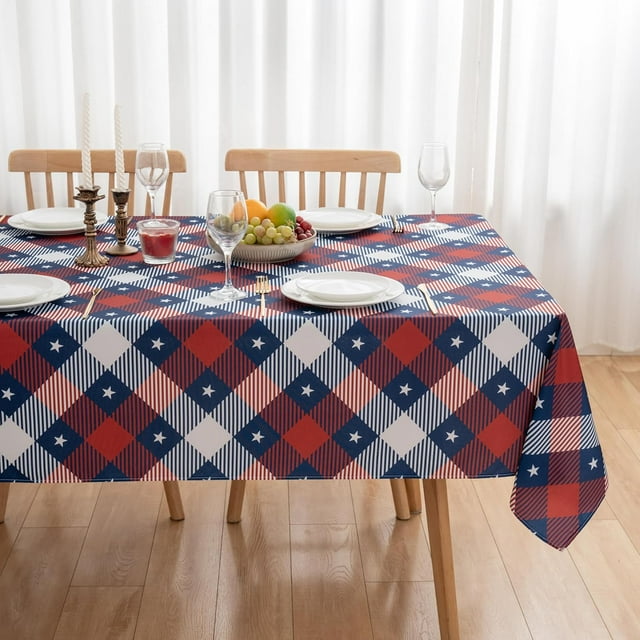 Nappe Rectangulaire 52x70 du 4 Juillet Patriotique pour le Memorial Day - Carreaux Blue Buffalo Rouges Étoiles Oblong Polyester Housse de Table de la Fête de l'Indépendance Lavable Imperméable pour Fête Pique-Nique Souper