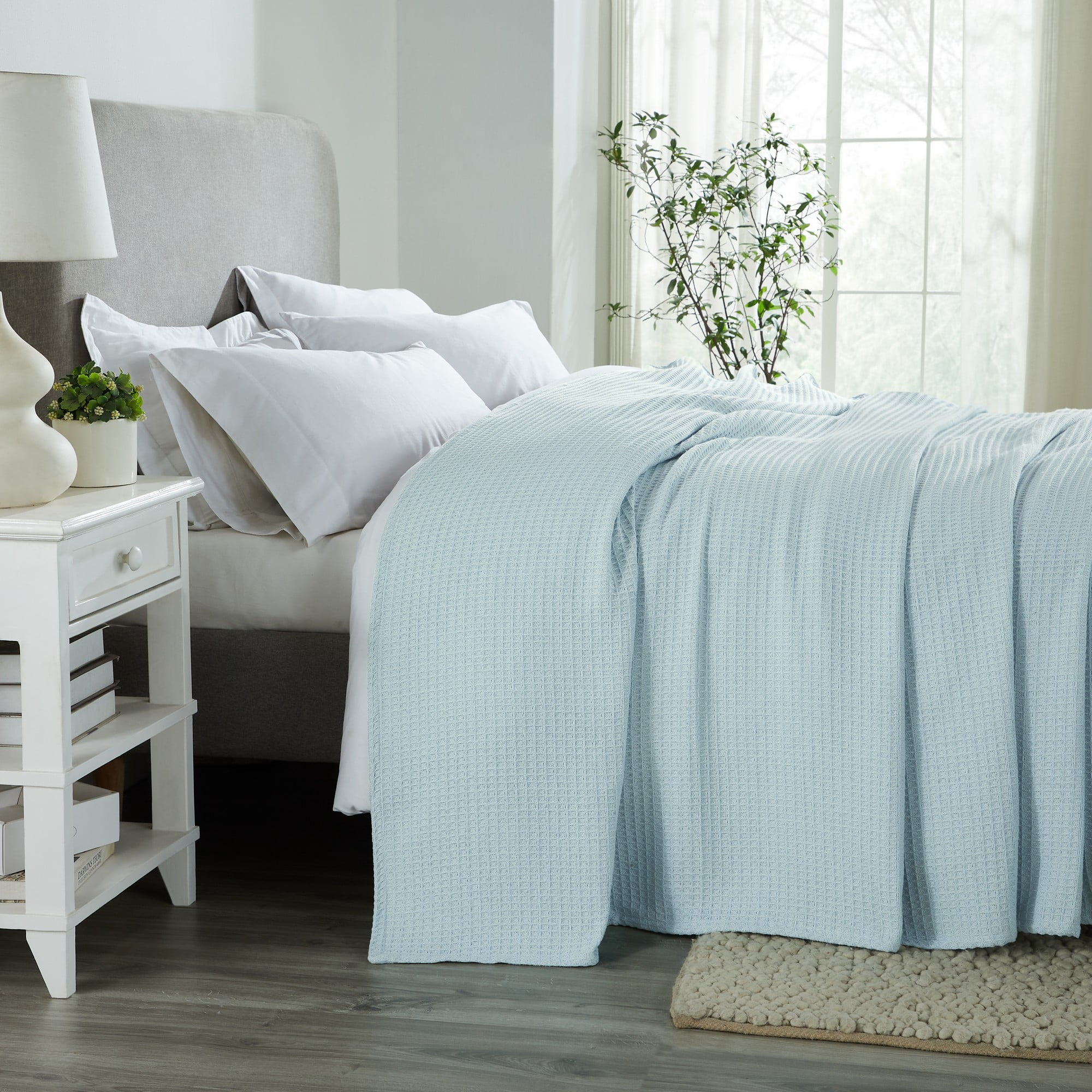 Better Trends All Season Full/Queen Size Blanket 100% Cotton Waffle Weave Blanket for Couch Lightweight & Breathable, Soft Blanket (90"x 90") Light Blue Janiya Collection
