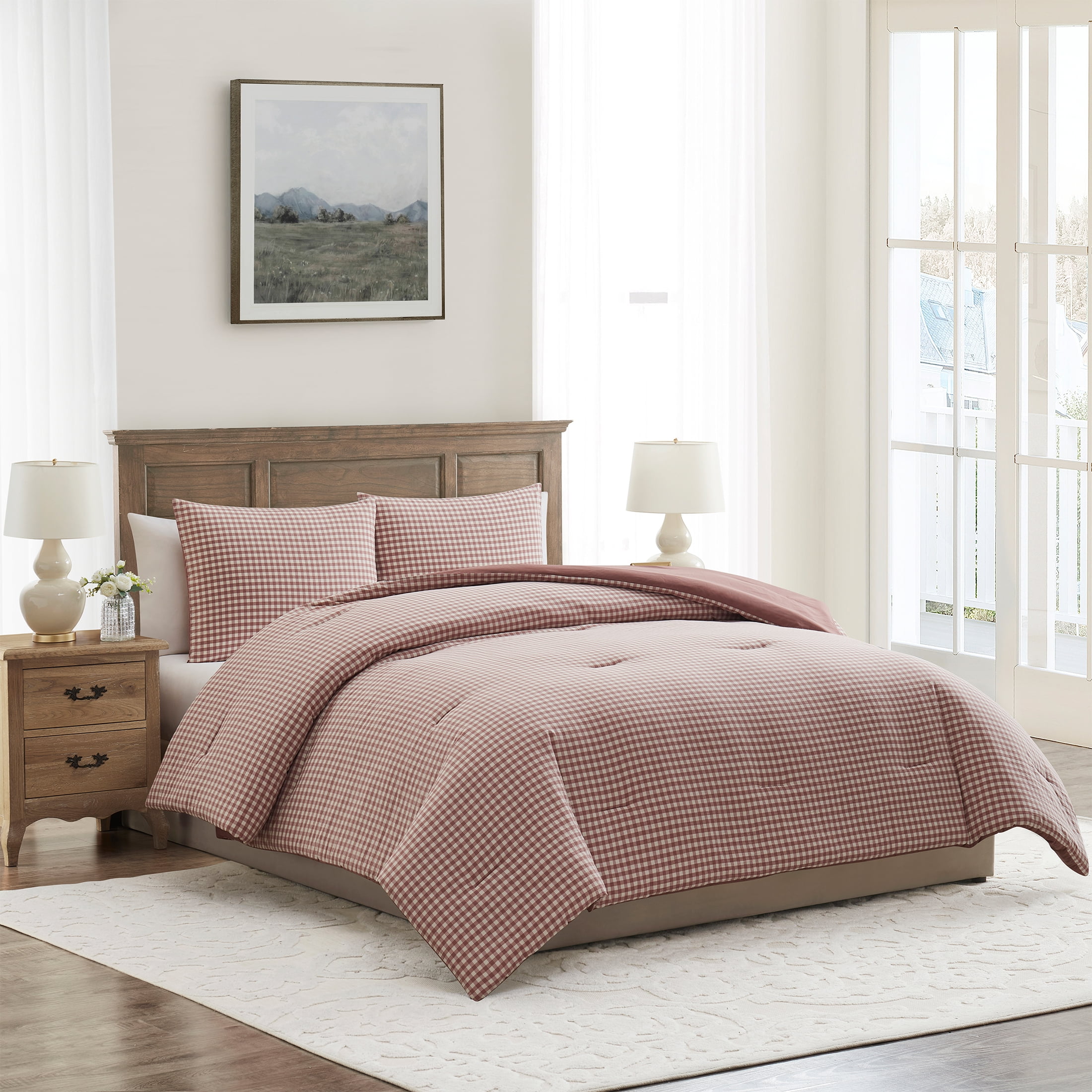 My Texas House Collins 3-Piece Dusty Mauve Gingham Cotton Comforter Set, King