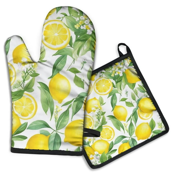 Lemon Kitchen Oven Mitt and Pot Holder Sets 2 Pcs for Baking, Cooking and Grilling, Heat Resistant Up To 392 °F