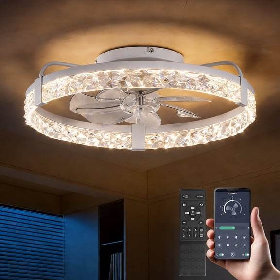 SUNBEAK 20" Ceiling Fan with Light and Remote Control,Modern Low Profile Ceiling Fan,Dimmable Flush Mount Ceiling Fan with Light,LED Bladeless White Ceiling Fan for Bedrooom,Living Room