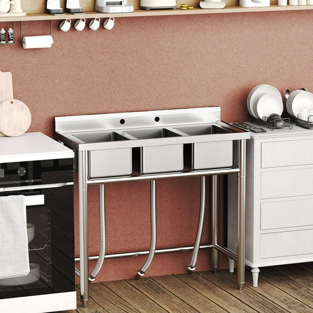 Évier en Acier Inoxydable, Évier Autoportant à 3 Compartiments avec Tuyaux Chauds et Froids, Évier Utilitaire de Cuisine Commercial pour Garage, Restaurant, Arrière-Cour pour Intérieur Extérieur
