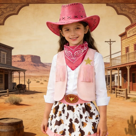 LPKRT Girls Western Cowboy Set Cowboy Hat Fringe Vest Cow Skirt Sets Children Parties And Dress Up Clothing Sets Pink 7-8 Years