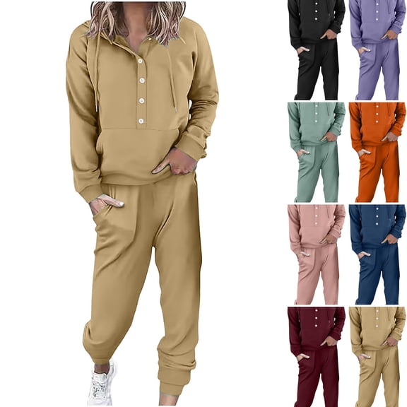 WULMLEO Women 2 Piece Tracksuit Outfits Half Button Drawstring Hoodies & Jogger Pants Long Sleeve Casual Loungewear Sets Khaki 2XL