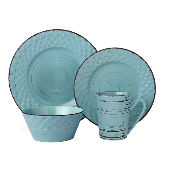 Lorren Home Trends 16 Piece Distressed Weave Dinnerware Set-Blue