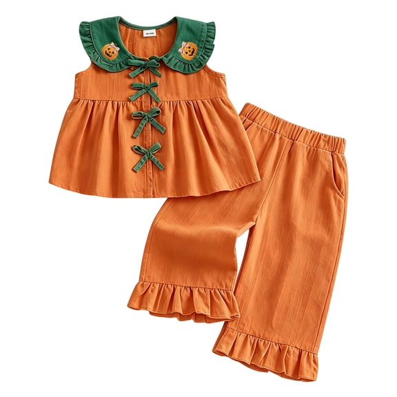 GCETTIC Toddler Girl Halloween Outfit Pumpkin Face Sleeveless Doll Collar Tops and Ruffle Pants Little Girls Clothes Set 2-3 Years
