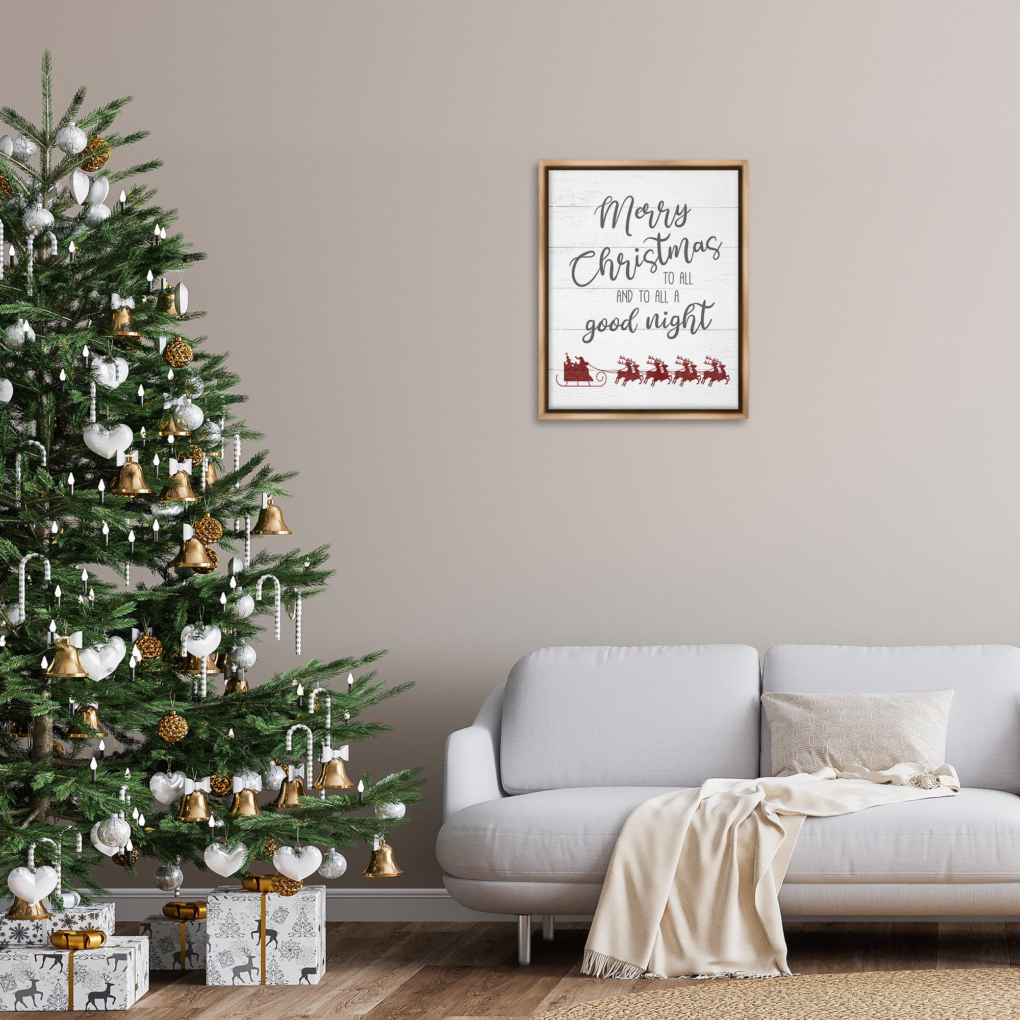 Stupell Industries To All A Good Night Christmas Holiday Painting Brown Floater Framed Canvas Art Prints Wall Art, 25 x 31