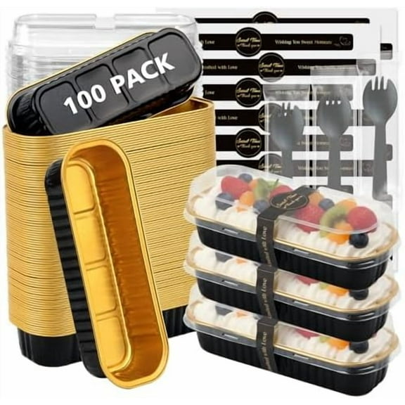 100 Pack Mini Loaf Pan Mini Loaf Baking Pans with Lids and Spoons,Disposable Aluminum Foil Pans, Rectangle Tin Foil Pans with Lids for Home, Pary, Picnics (Black Gold)