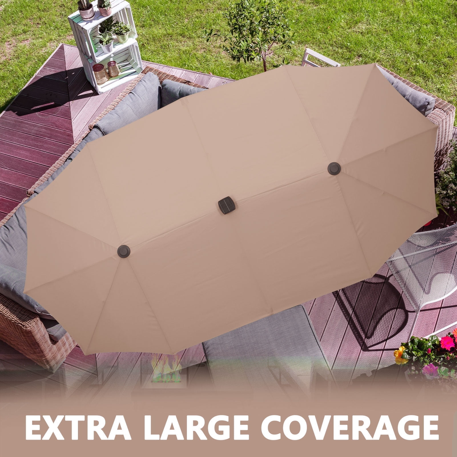Ainfox 13ft Large Patio Umbrella with Solar Lights, Outdoor Double-Sided Rectangle Market Heavy Duty Umbrellas without Base,Khaki