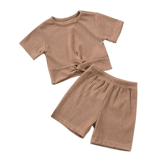 Odeerbi 2-8 Años Niñas Verano Conjuntos Rib Knit Twist Front Manga Corta Tops Pantalones Cortos Dos Piezas Conjunto