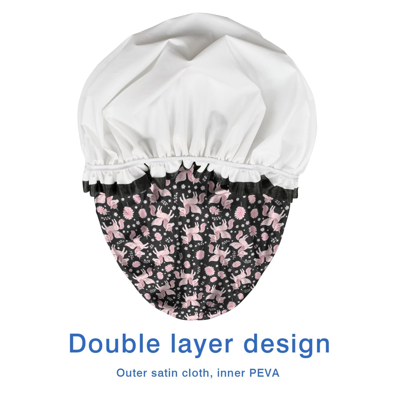 Shower Caps,Black Cartoon Unicorn Pattern Waterproof Shower Cap for Women 4 Pieces,Double Reusable Hair Cover for Shower PEVA Elastic Stretch Hem