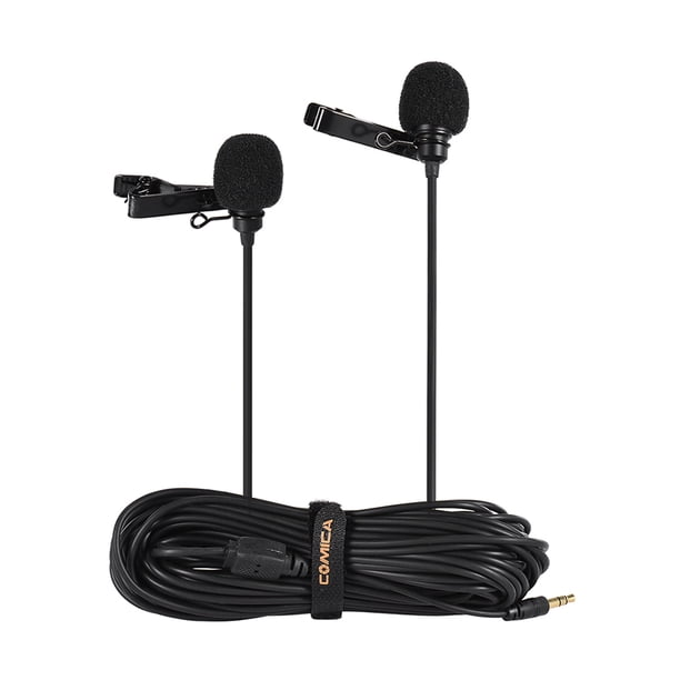 Micrófono Comica CVM-D02 Micrófono de solapa Lavalier de doble cabezal Micrófono condensador omnidireccional con clip Longitud del cable 6 m / 19.7 pies Compatible con Canon Nikon Sony A7 A6300 Cámara COMICA Micrófono