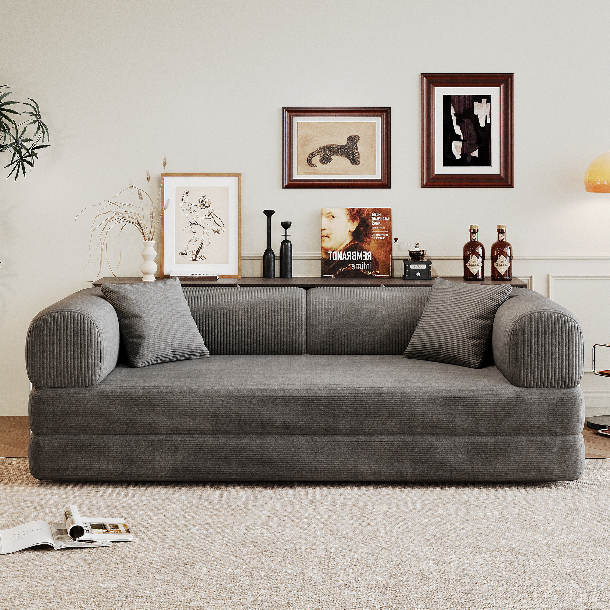 Leumius 78.8" Convertible Sofa Bed with Fixed-Shape Frame & Support Armrest,Modular Corduroy Sleeper Sofa,Boneless Couch Folding Mattress Couch for Small Spaces - No Assembly Needed,Grey