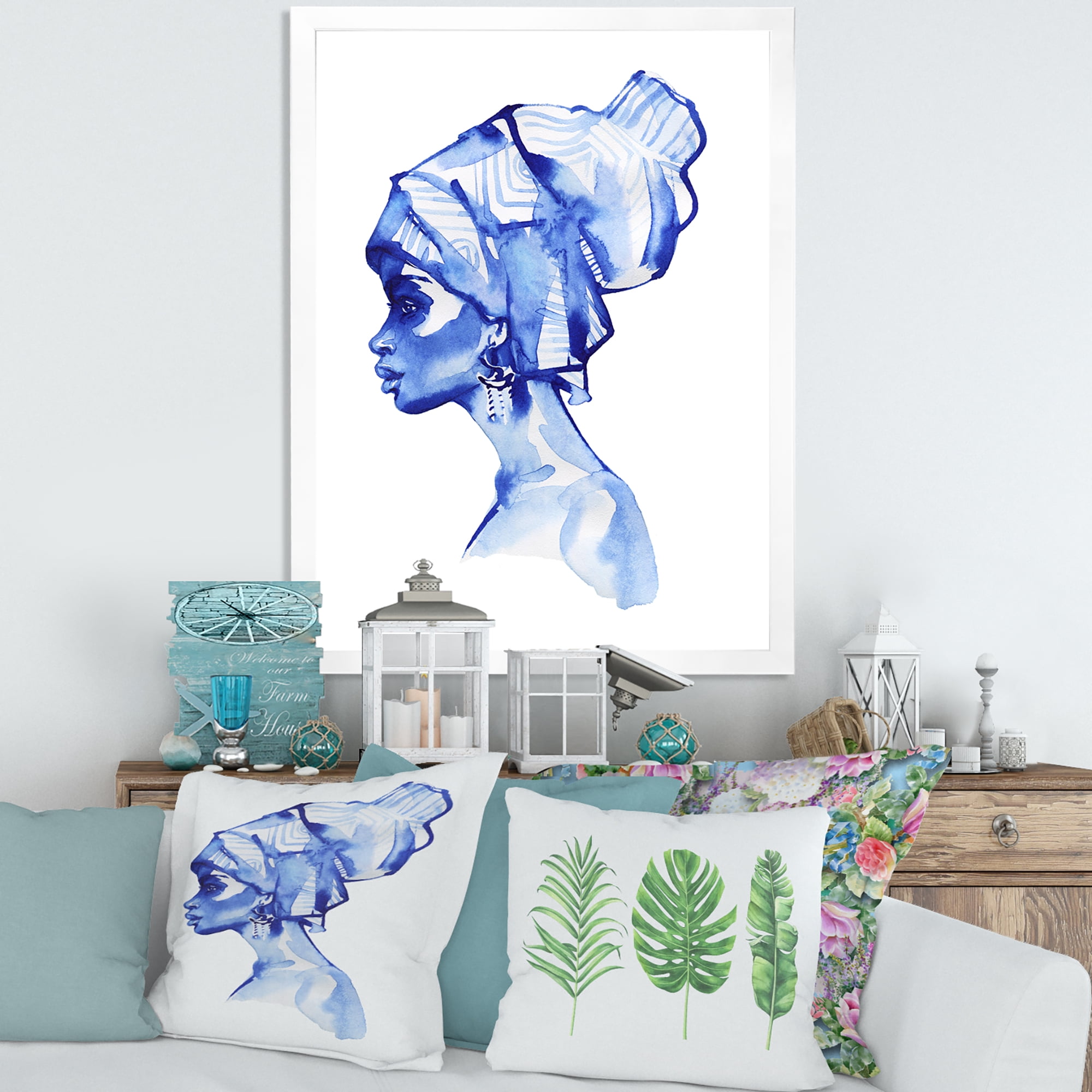 Designart 'Afro American Woman Blue Fashion Portrait' Modern Framed Art Print