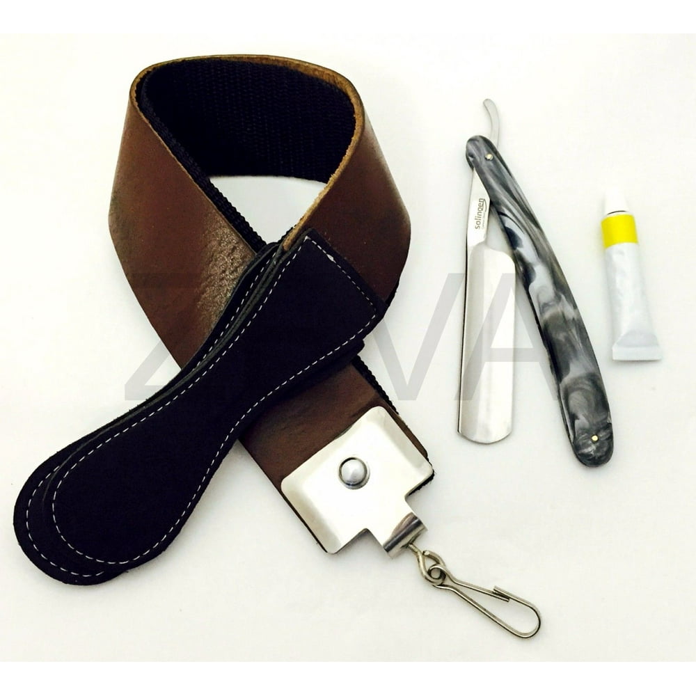 Cut Throat Barber Straight Edge Razor Leather Strop Strap & Dovo Paste