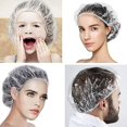 thumbnail image 4 of Paquete de 100 gorros de baño desechables de plástico, gorro para teñir el cabello con aceite, gorro para ducha con tiras para champú, 4 of 5