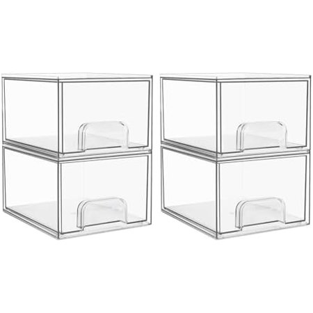 4 Pack Clear Small Stackable Storage Drawers Acrylic Bathroom Makeup Organizer Plastic Storage Bins For Vanity Undersink Kitchen Cabinets Pantry Home Organization