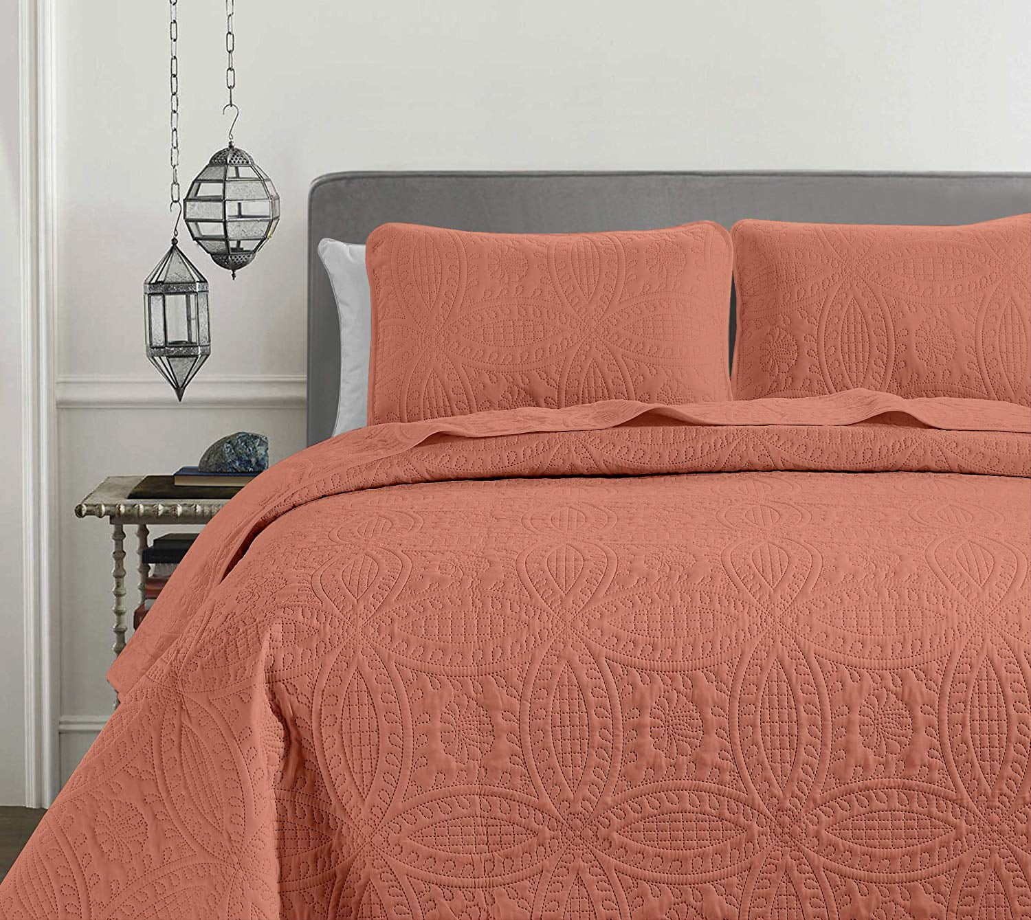 Chezmoi Collection 3-Piece Tan Matte Satin Quilt Bedspread Coverlet Blanket Set 