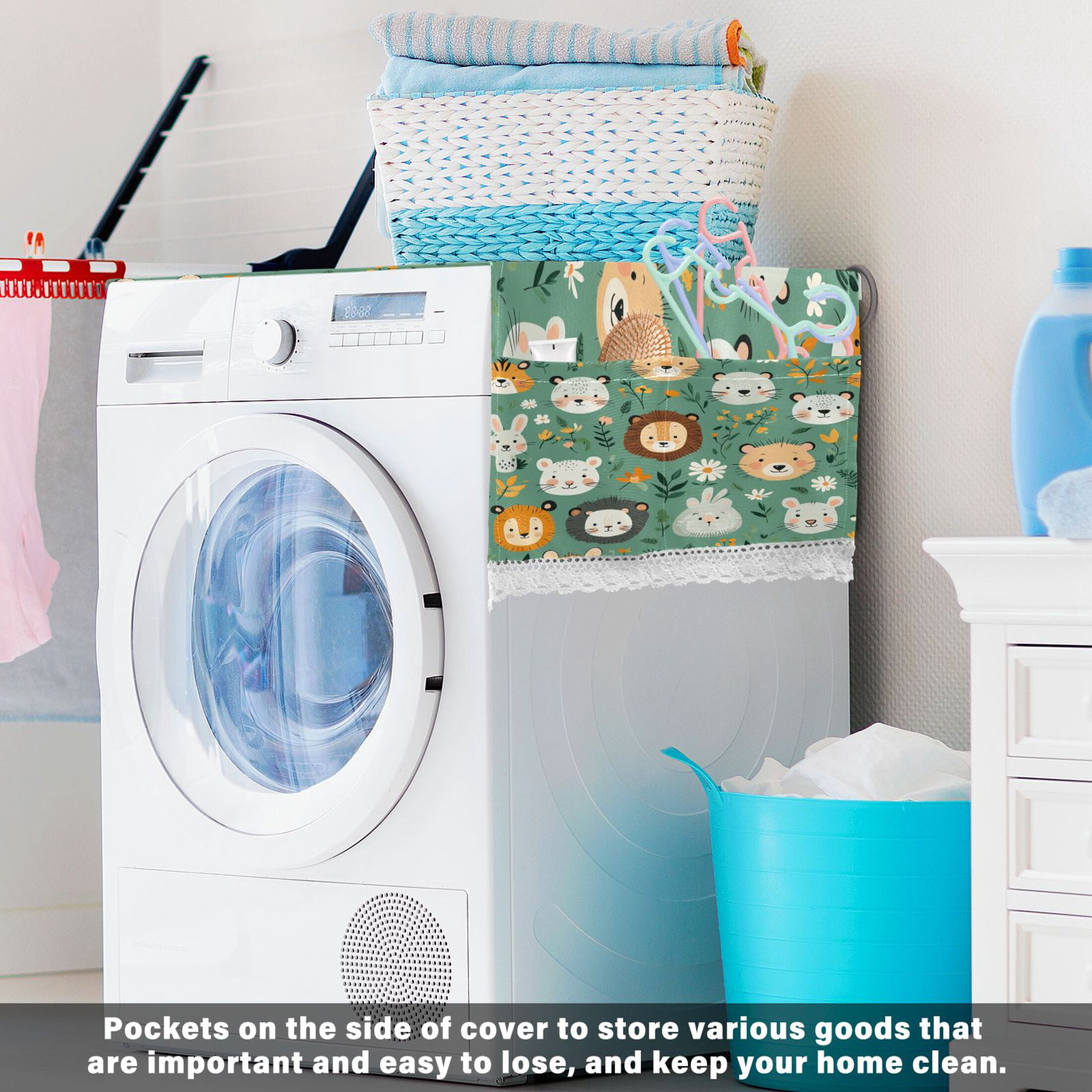 WOBOGO Cute Animal Faces in A Seamless Jungle Pattern Washing Machine Cloth Dryer Refrigerator Top Cover Protective Non-Slip Mat For Kitchen Laundry