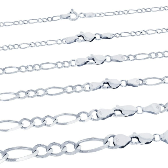 Nuragold 10K Real White Gold Solid Figaro Link Chain Necklace 16"-30" (2.25mm-6.5mm) Italian Jewelry for Men & Women