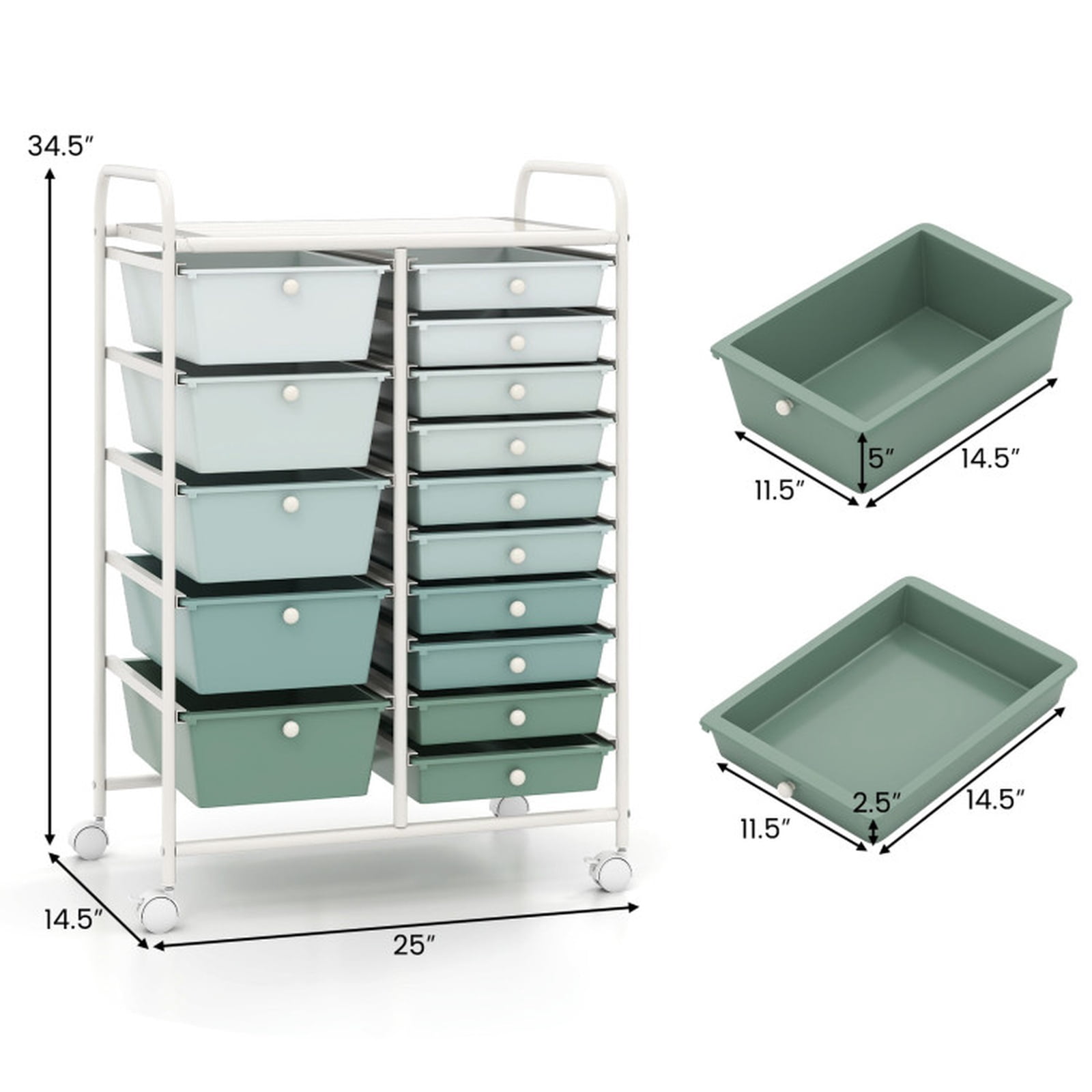 Furnibear 15-Drawer Utility Rolling Cart with Drawers Multi-Use Storage Organizer for Home Office Craft Room Classroom, Lime Green