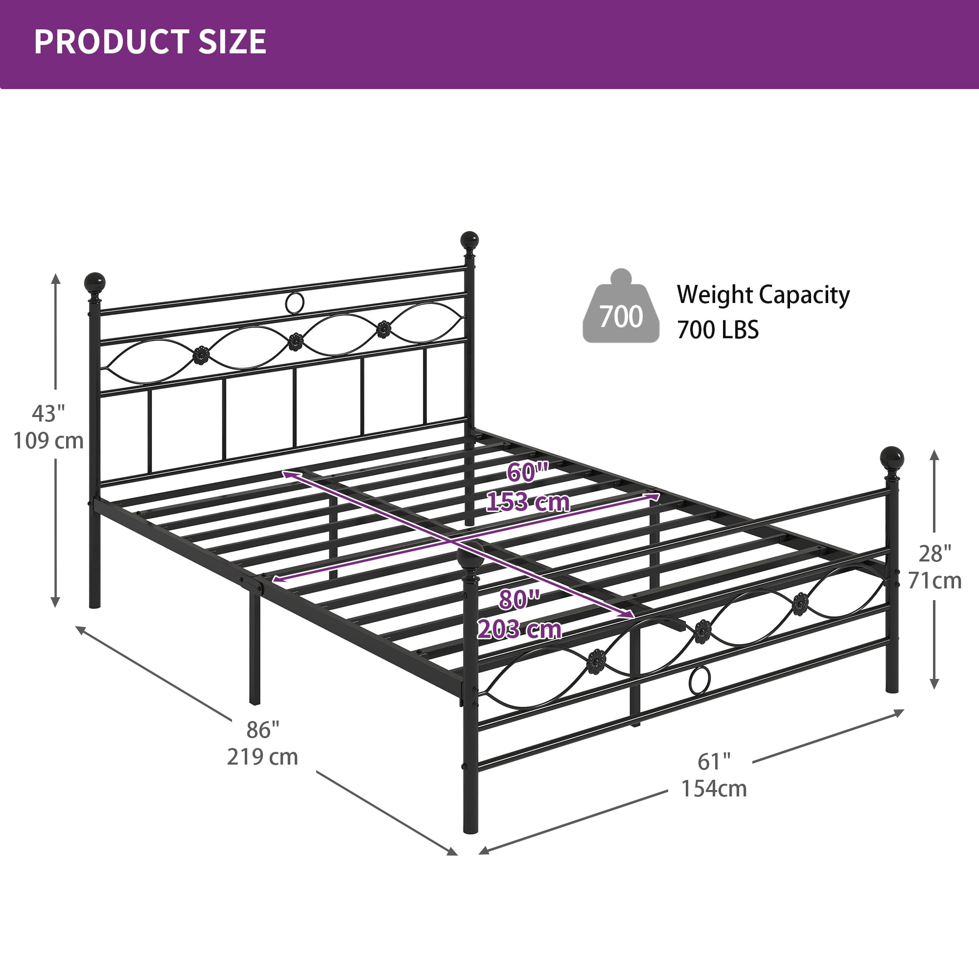 DEXTRUS Industrial Queen Platform Metal Bed Frame with Headboard & Soundproof Cotton
