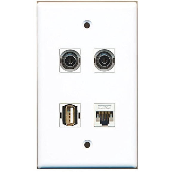 RiteAV - 1 Port USB A-A 2 Port 3.5mm 1 Port Cat5e Ethernet White Wall Plate