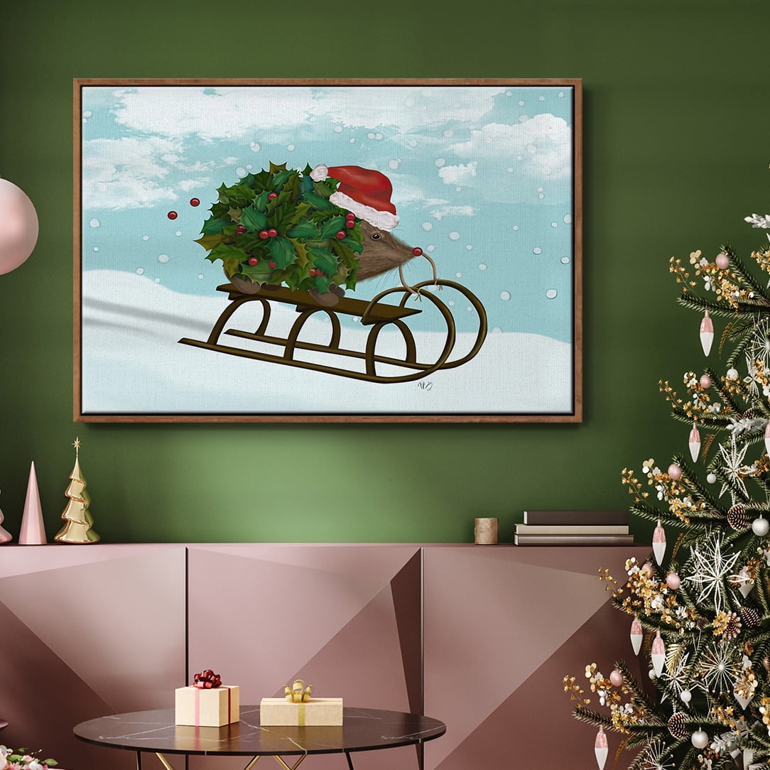 Christmas Holly Hedgehog Sledding - Framed Gallery Wrapped Holiday Canvas - 25 x 37 - Rosewood Frame