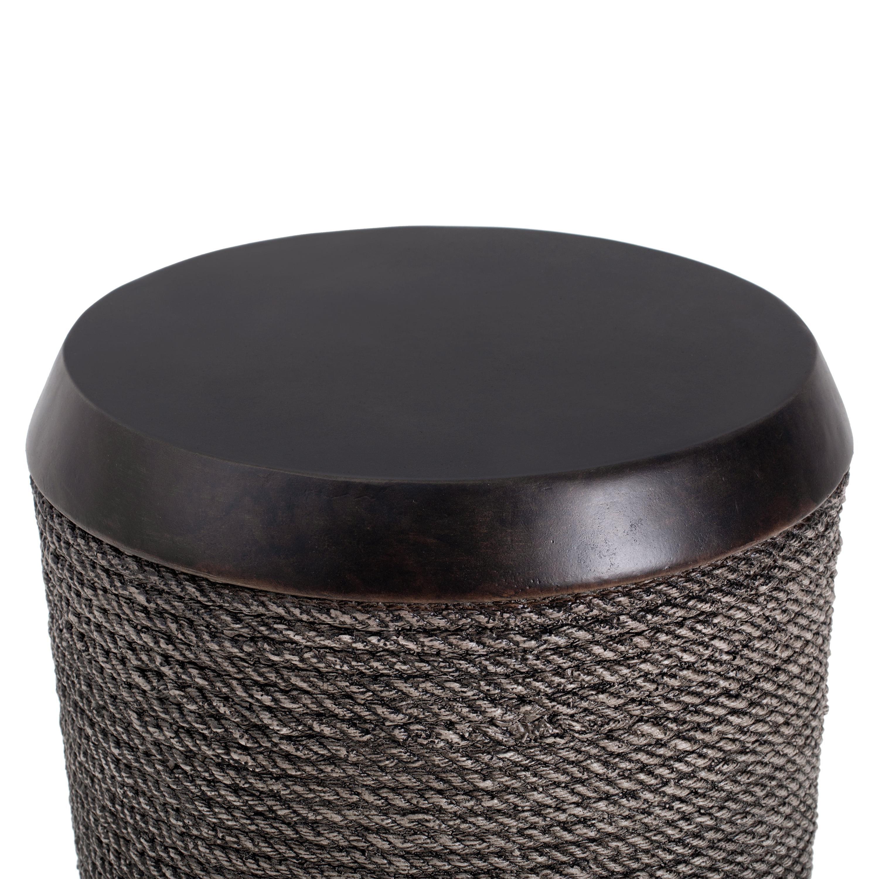 Outdoor Dark Brown Side Table with Simulated Braided Cord & Vintage Trim, Retro Cylindrical End Table for Indoor Home Patio Balcony Decor