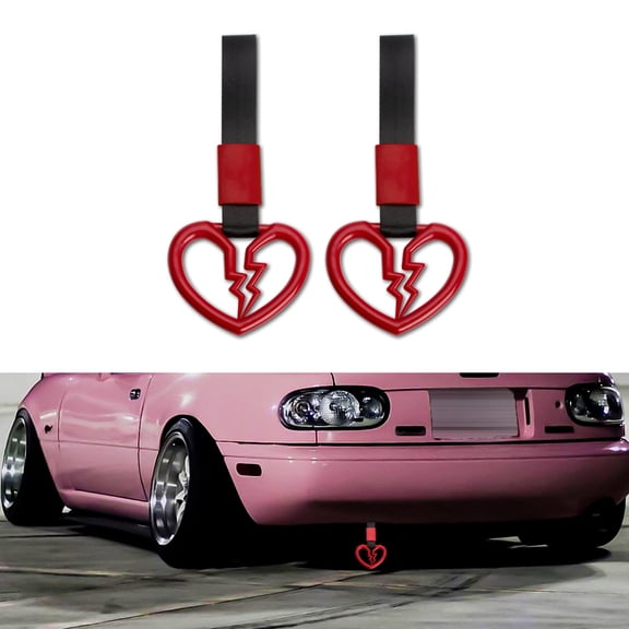 Xotic Tech 2 Pieces JDM Broken Heart Shaped Tsurikawa Car Handle Straps Rear Bumper Warning Ring Subway Train Bus Handle Drift Charm for Cars, SUV Interior Exterior Decoration (Red)