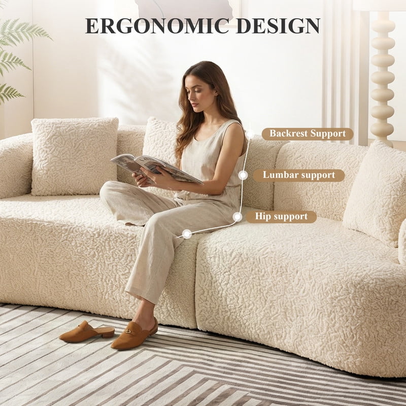 ATHOPE 112" Curved Sectional Couch with Pillows, Deep Seat Boneless Cloud Sofa for Small Space, Plush Teddy Fabric Comfy Couch for Living Room, Bedroom, No Assembly Needed, White