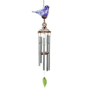 Exhart Solar Hand Blown Pearlized Glass Bird Wind Chime in Blue, 7 by 44 inches, Metal