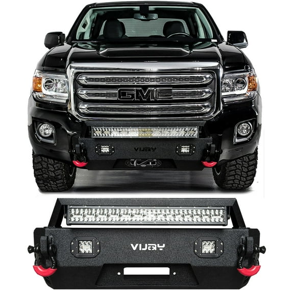 Vijay Compatible with 2015-2016-2017-2018-2019-2020 GMC Canyon Front Bumper Textured Black Steel with 3xLights and 2xD-rings